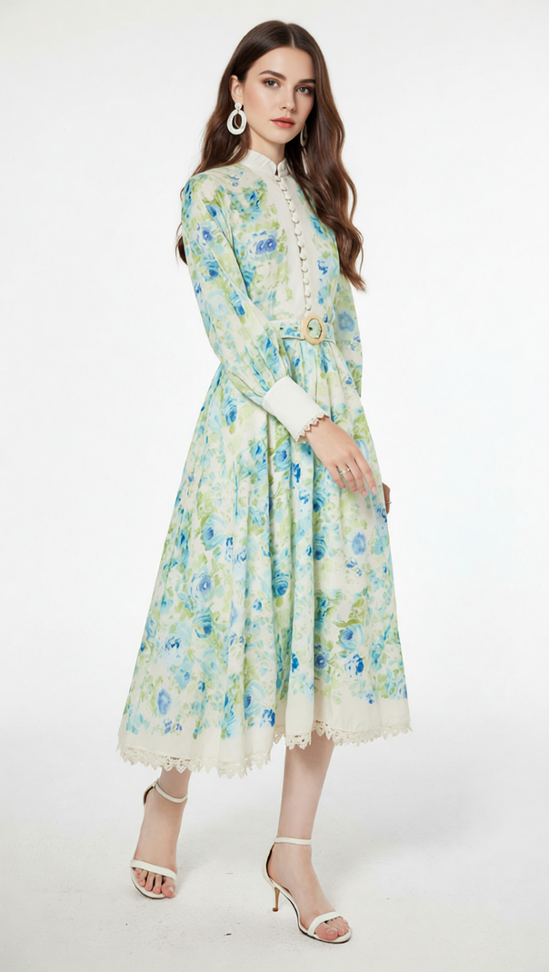 AIIZIE Chic Green & Blue Floral Long Sleeve Midi Dress - Elegant Garden Party Attire - product image