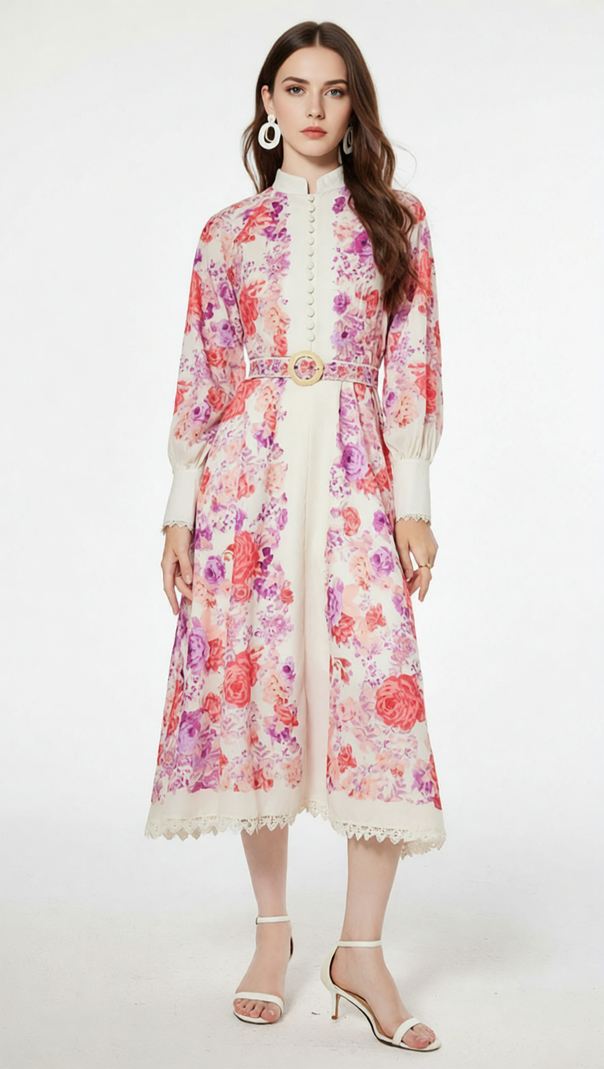 AIIZIE Jarl Elegant Pink Floral Long Sleeve Midi Dress | Vintage Chic - product image