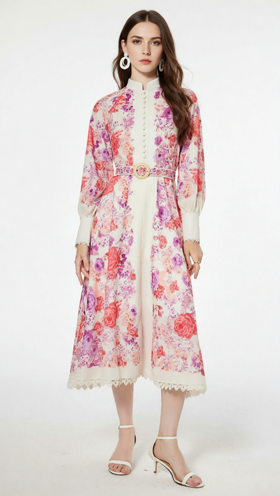 Jarl Elegant Pink Floral Long Sleeve Midi Dress | Vintage Chic