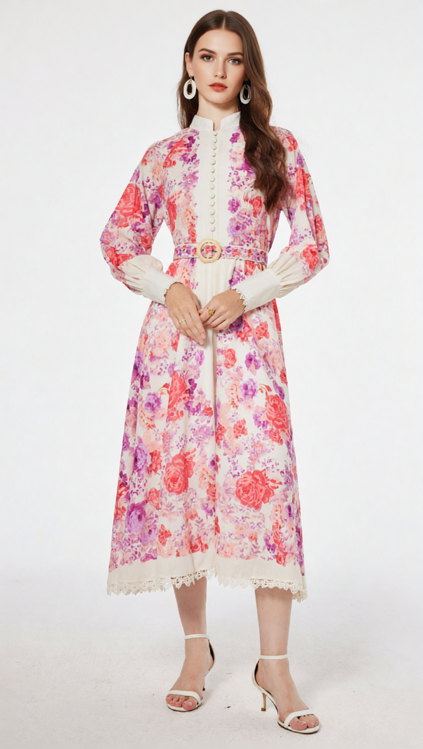 AIIZIE Jarl Elegant Pink Floral Long Sleeve Midi Dress | Vintage Chic - product image