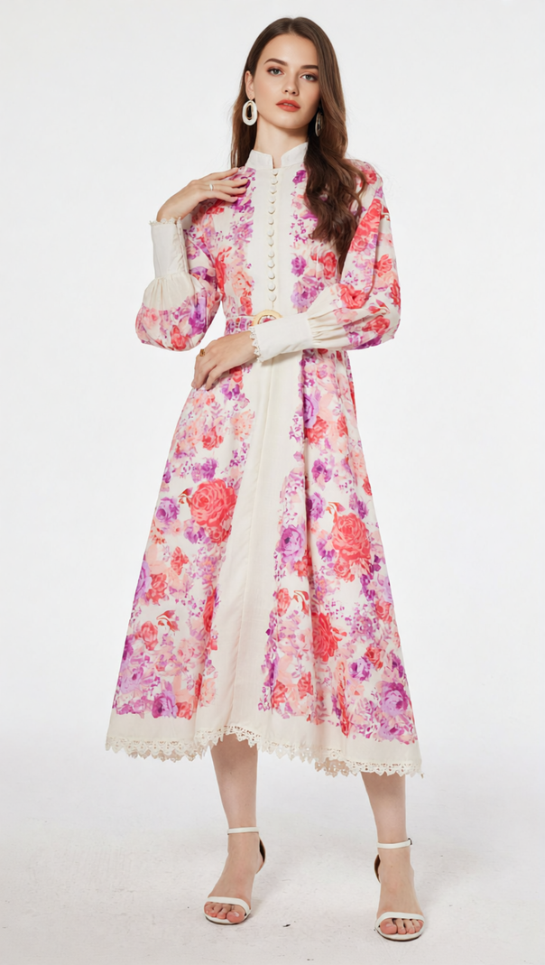 AIIZIE Jarl Elegant Pink Floral Long Sleeve Midi Dress | Vintage Chic - product image
