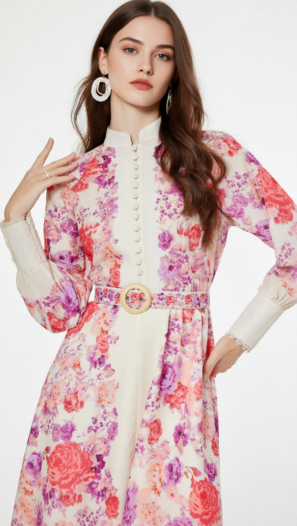 AIIZIE Jarl Elegant Pink Floral Long Sleeve Midi Dress | Vintage Chic - product image
