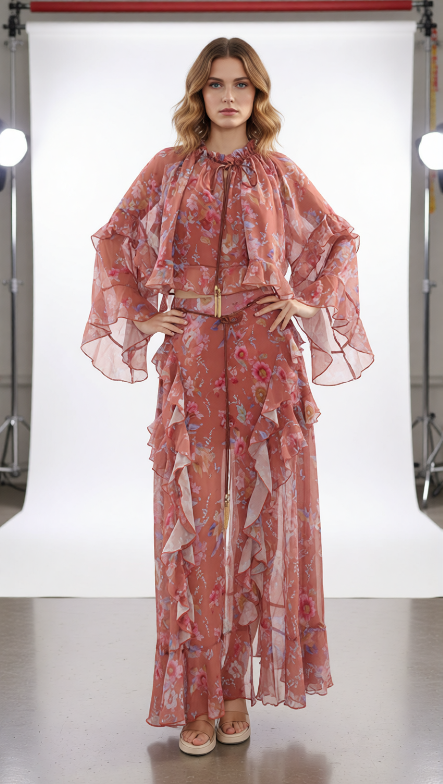 Boho Chic Floral Ruffle Top & Maxi Skirt Set