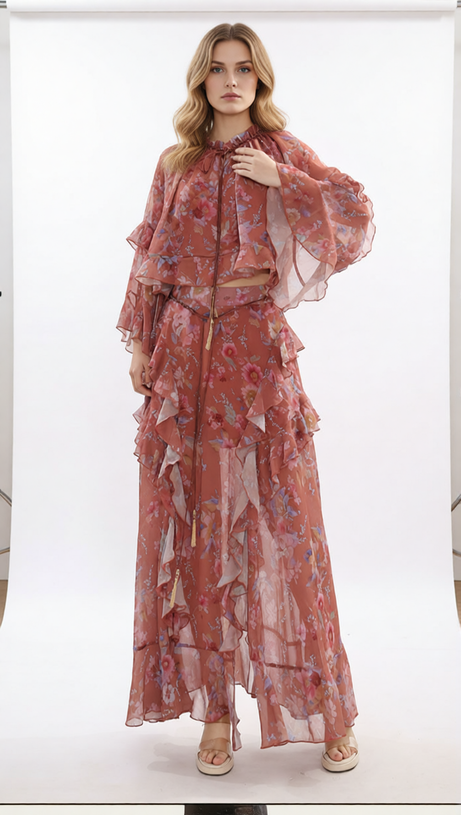 Boho Chic Floral Ruffle Top & Maxi Skirt Set