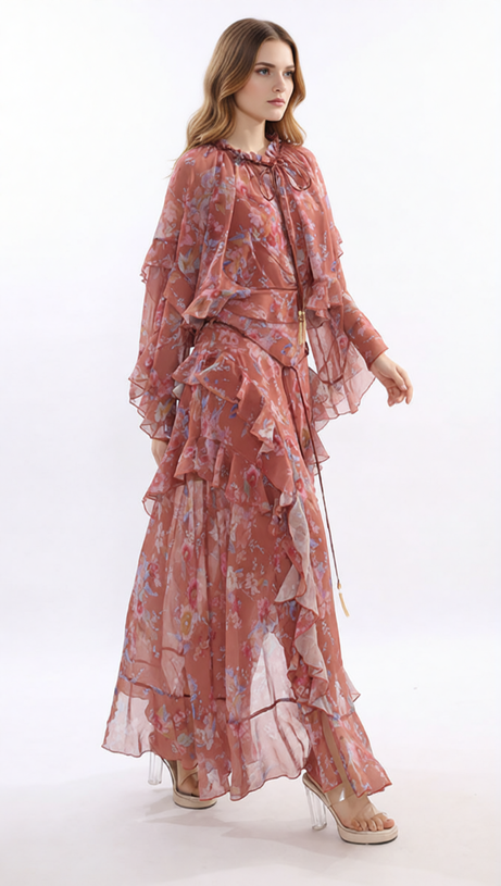 Boho Chic Floral Ruffle Top & Maxi Skirt Set