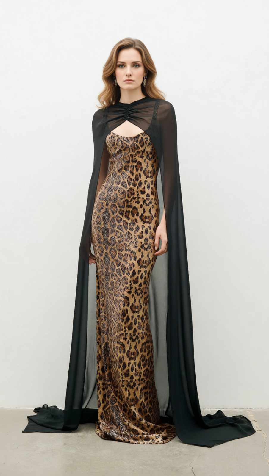 Jarrell Dazzling Leopard Sequin Maxi Gown with Dramatic Cape