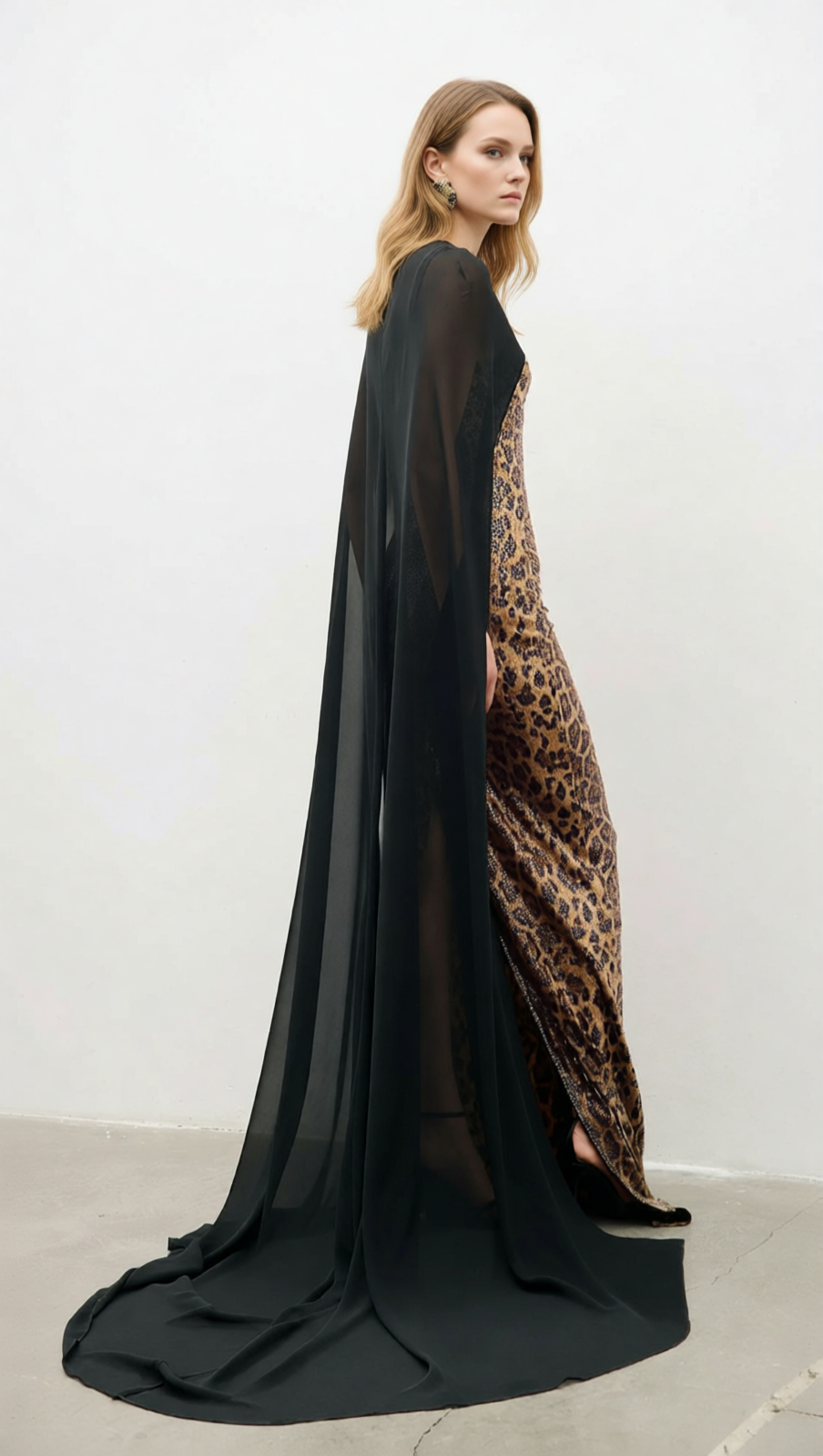 Jarrell Dazzling Leopard Sequin Maxi Gown with Dramatic Cape