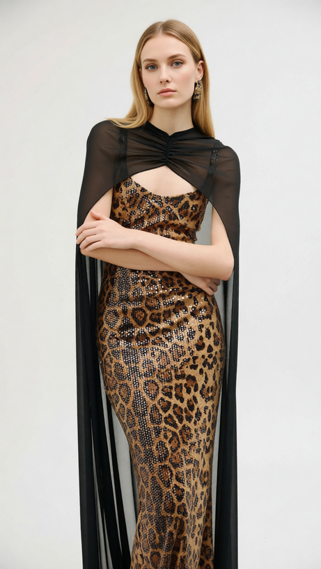 Jarrell Dazzling Leopard Sequin Maxi Gown with Dramatic Cape