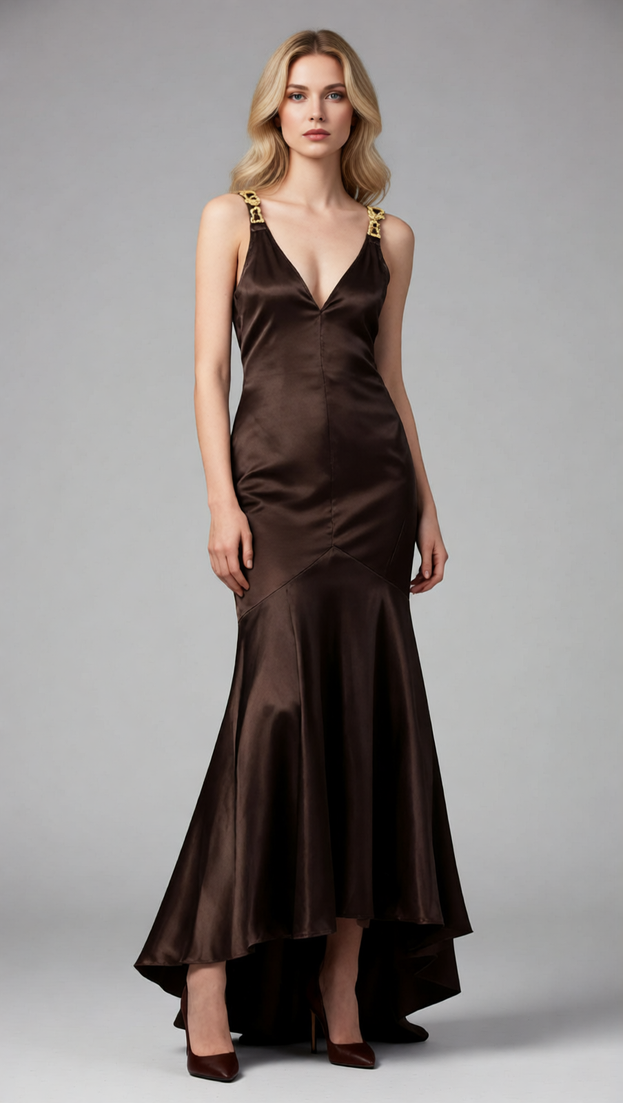 Jase Luxe Brown Satin V-Neck Maxi Gown with Embellished Straps