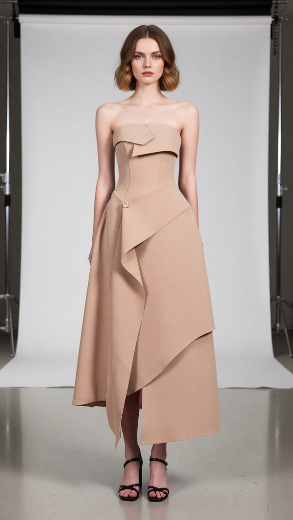 AIIZIE Jasmin Strapless Midi Dress: Chic Asymmetric Design for Modern Elegance - product image