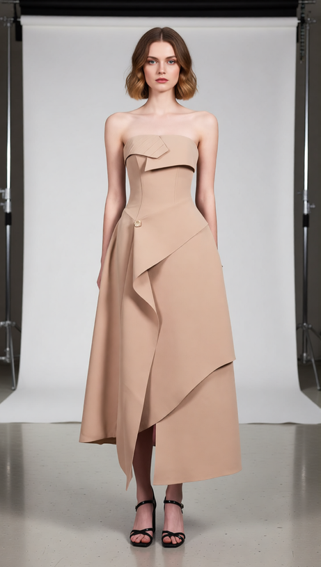 Jasmin Strapless Midi Dress: Chic Asymmetric Design for Modern Elegance