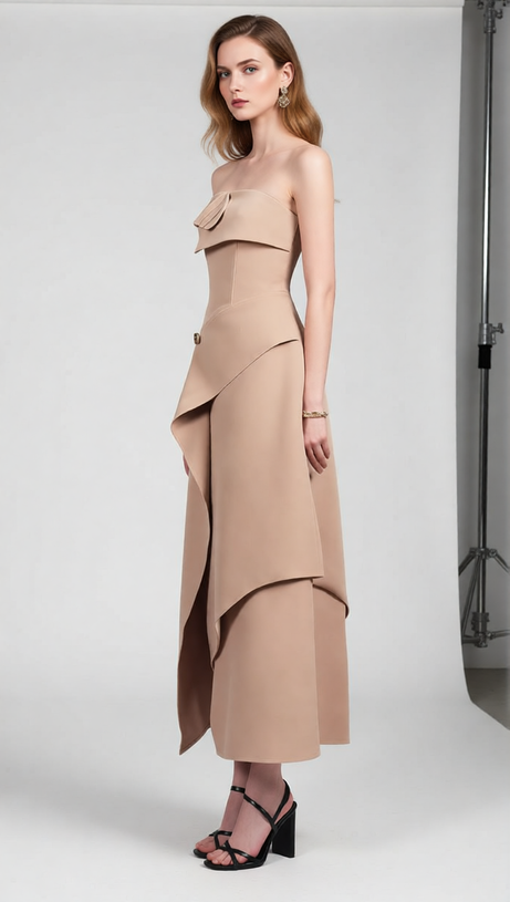 Jasmin Strapless Midi Dress: Chic Asymmetric Design for Modern Elegance