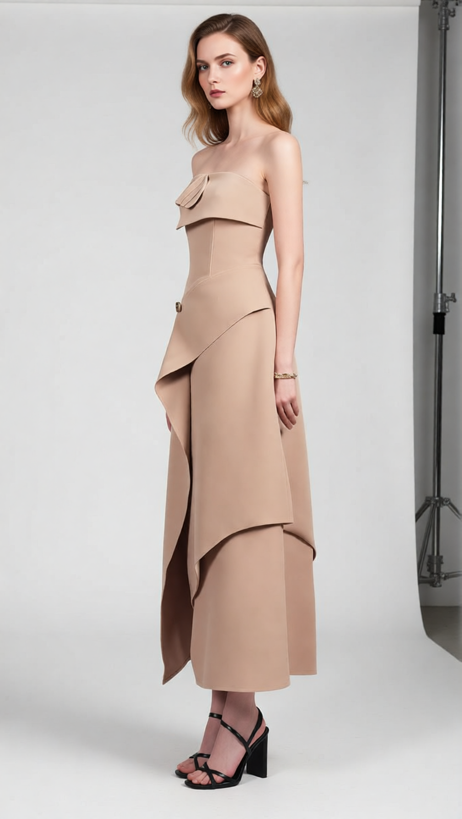 Jasmin Strapless Midi Dress: Chic Asymmetric Design for Modern Elegance