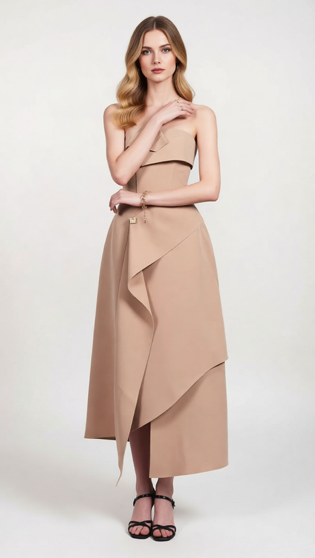 Jasmin Strapless Midi Dress: Chic Asymmetric Design for Modern Elegance