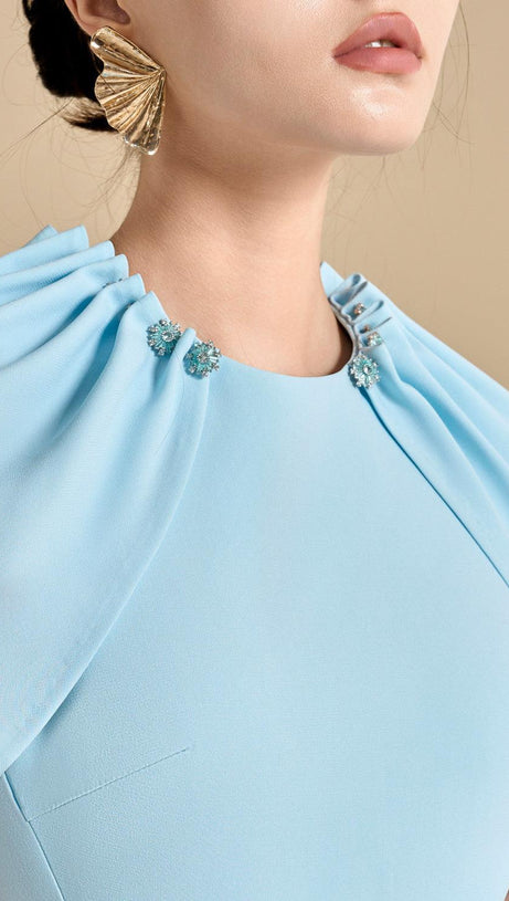 JASMINE A-LINE CAPE SLEEVED MAXI DRESS IN LIGHT BLUE