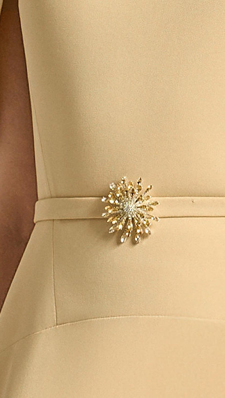 JASMINE A-LINE CAPE SLEEVED MAXI DRESS IN YELLOW BEIGE