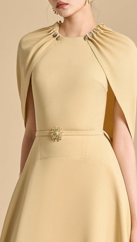 JASMINE A-LINE CAPE SLEEVED MAXI DRESS IN YELLOW BEIGE