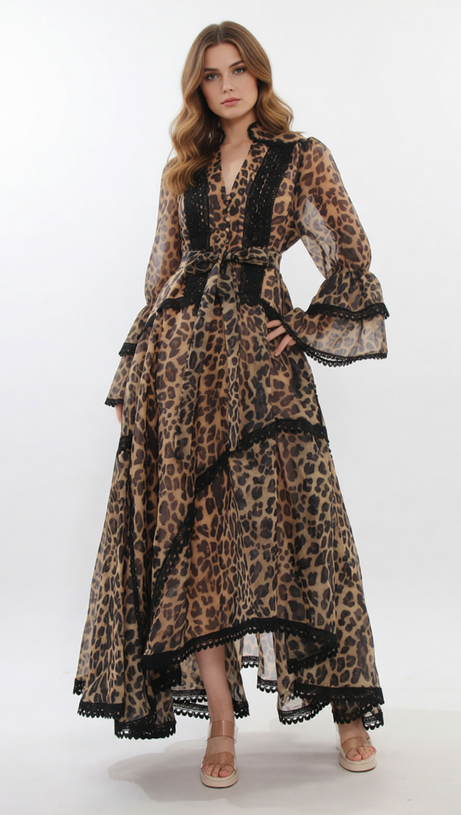 Jasna Women's Fierce Elegance Leopard Print Maxi Dress with Lace Trim