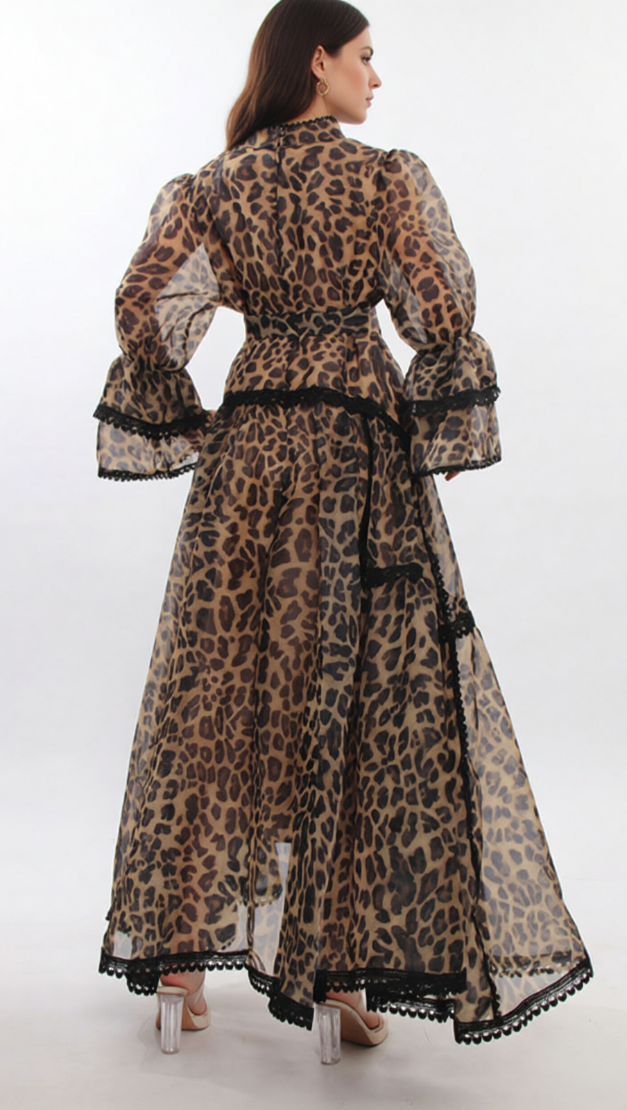 Jasna Women's Fierce Elegance Leopard Print Maxi Dress with Lace Trim