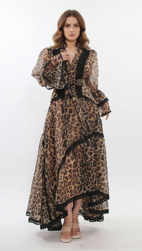 Jasna Women's Fierce Elegance Leopard Print Maxi Dress with Lace Trim