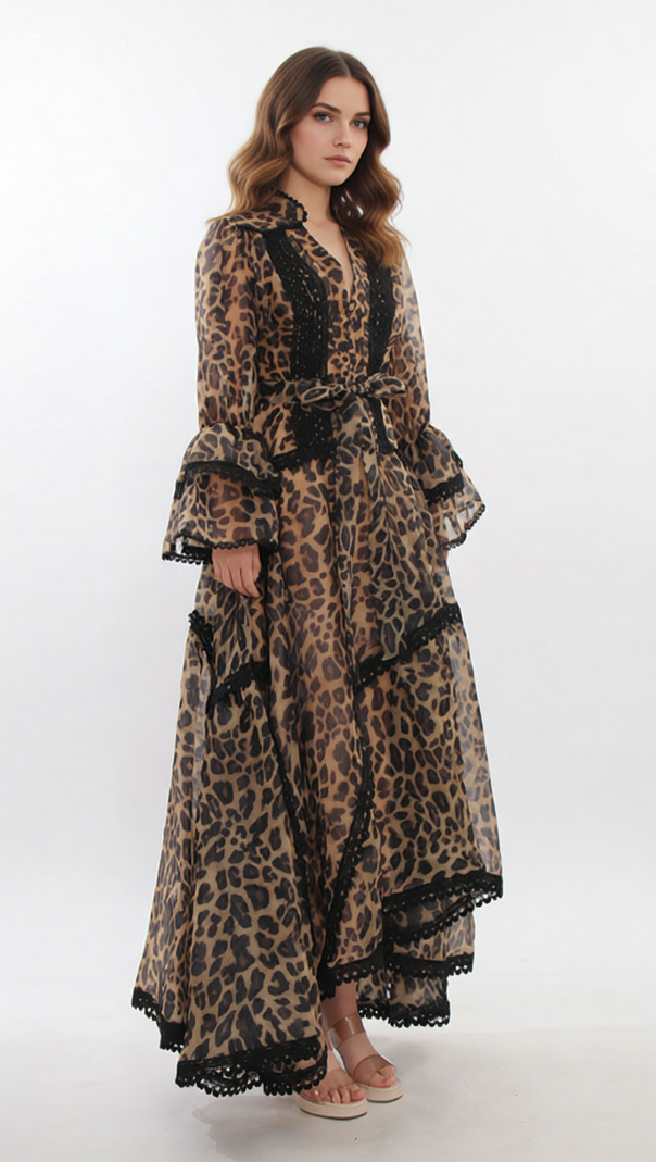 AIIZIE Jasna Women's Fierce Elegance Leopard Print Maxi Dress with Lace Trim - product image