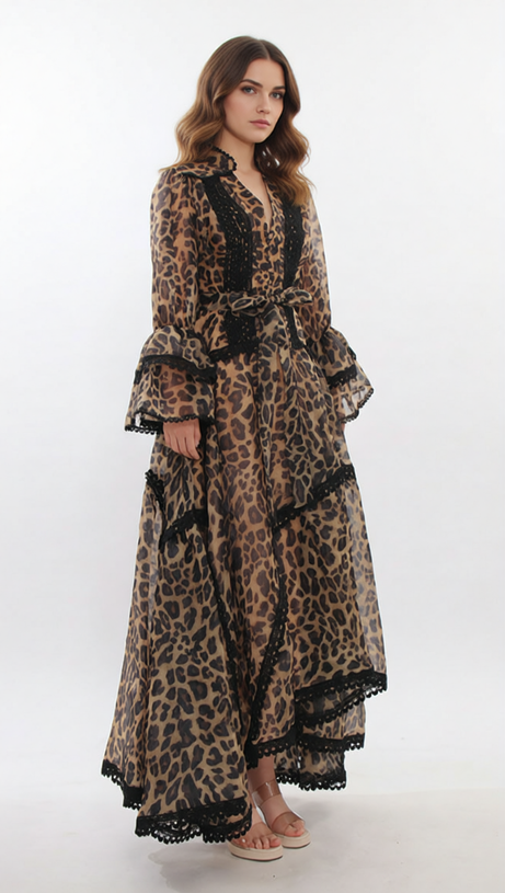 Jasna Women's Fierce Elegance Leopard Print Maxi Dress with Lace Trim
