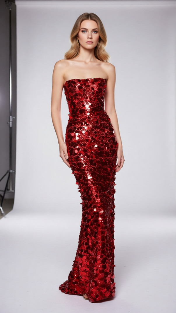 AIIZIE Jaya Red Strapless Sequin Maxi Dress | Unapologetic Glamour for Unforgettable Nights - product image