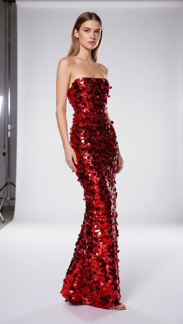 AIIZIE Jaya Red Strapless Sequin Maxi Dress | Unapologetic Glamour for Unforgettable Nights - product image