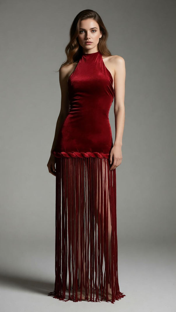 AIIZIE Jayla Red Velvet Halter Maxi Dress with Dramatic Tassels - Ultimate Statement Gown - product image