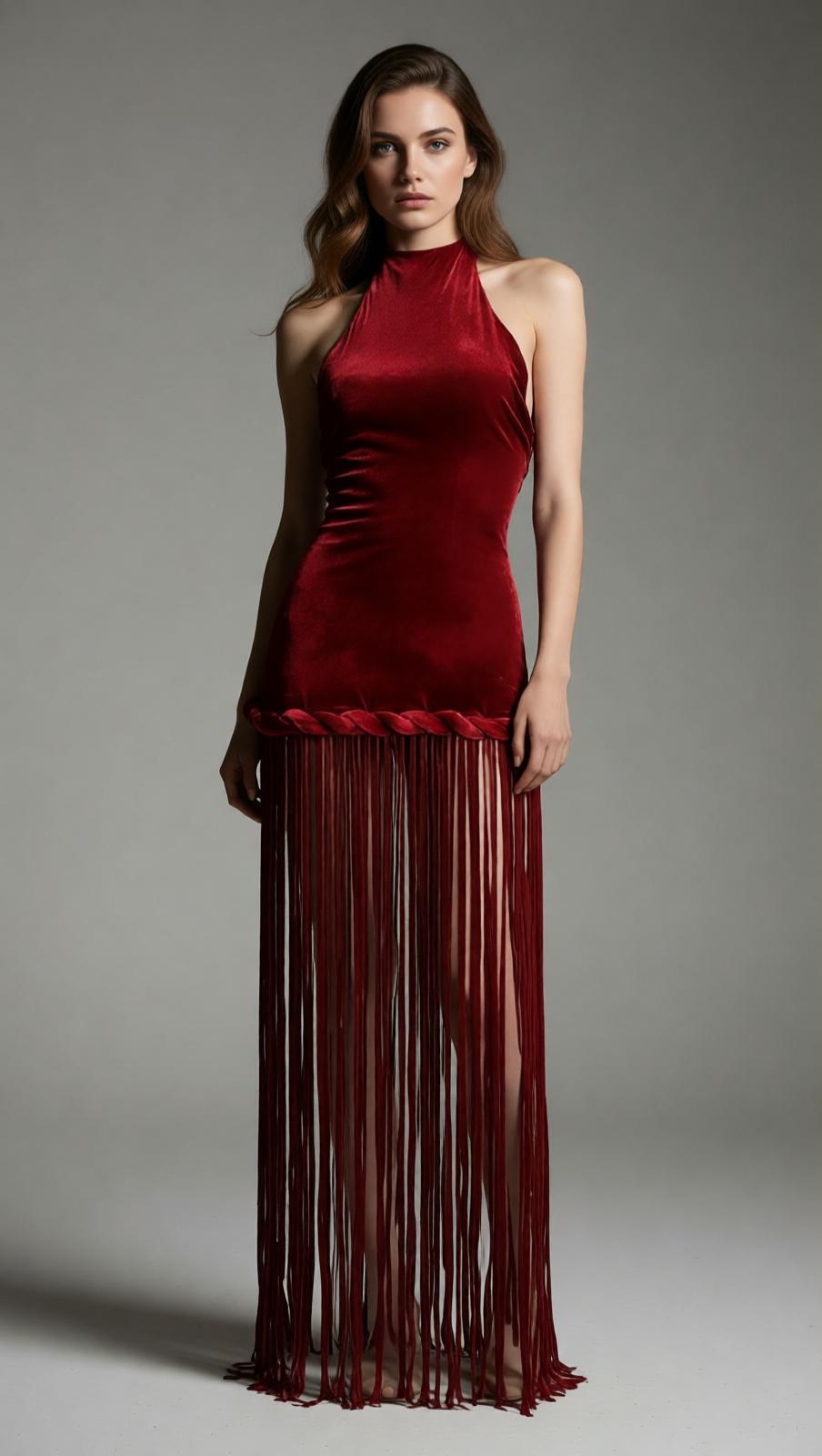 Jayla Red Velvet Halter Maxi Dress with Dramatic Tassels - Ultimate Statement Gown