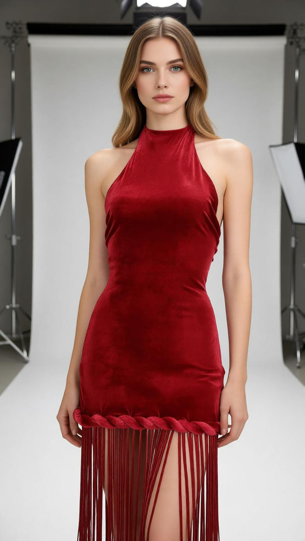 AIIZIE Jayla Red Velvet Halter Maxi Dress with Dramatic Tassels - Ultimate Statement Gown - product image