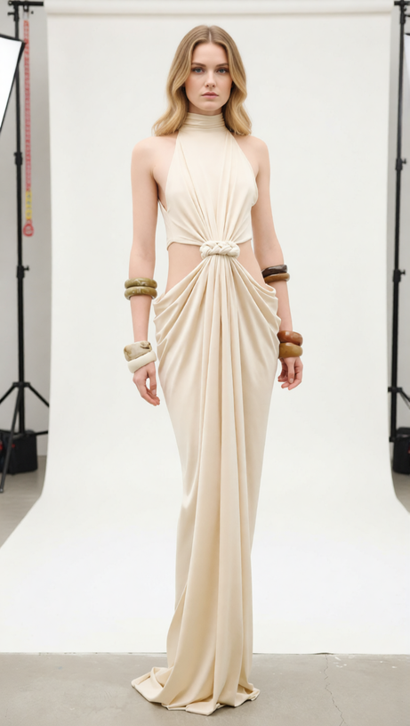 Jayme Halter Cutout Maxi Dress - Elegant Draped Knot Detail