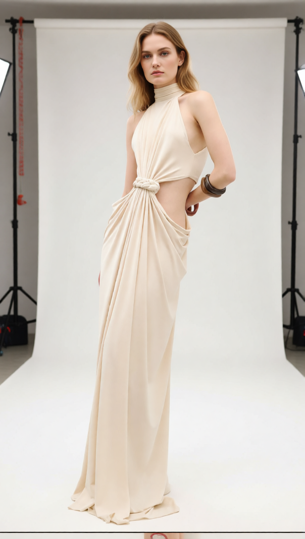 AIIZIE Jayme Halter Cutout Maxi Dress - Elegant Draped Knot Detail - product image