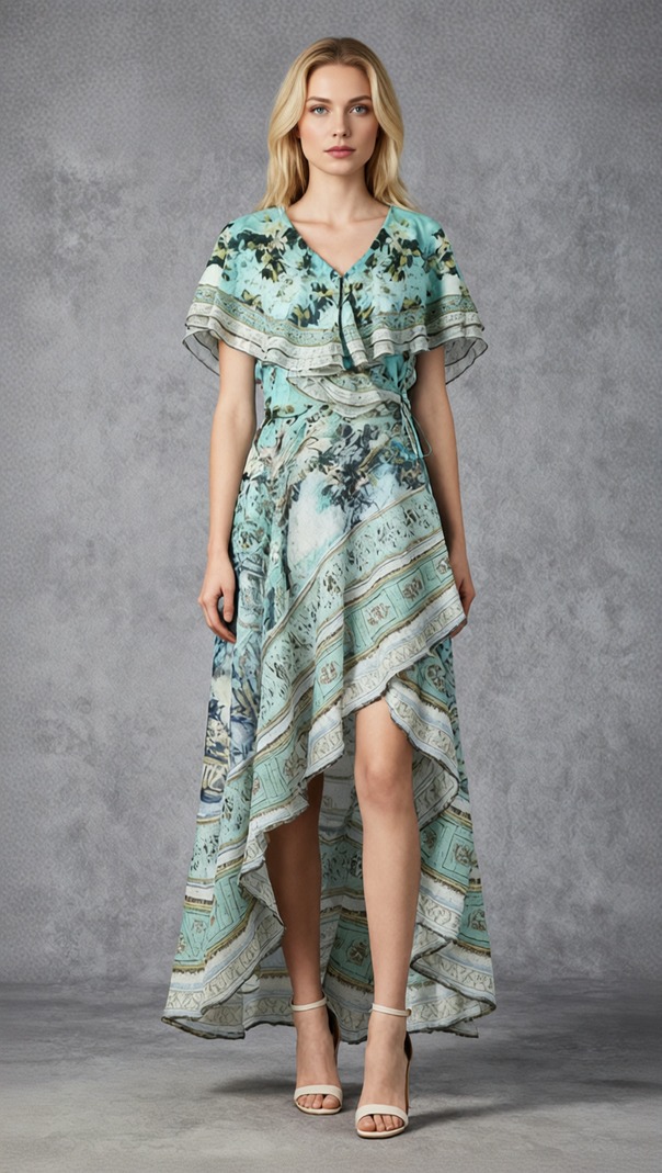 AIIZIE Jaymes Artistic Print High-Low Maxi Dress - Bohemian Ruffle Wrap Style - product image