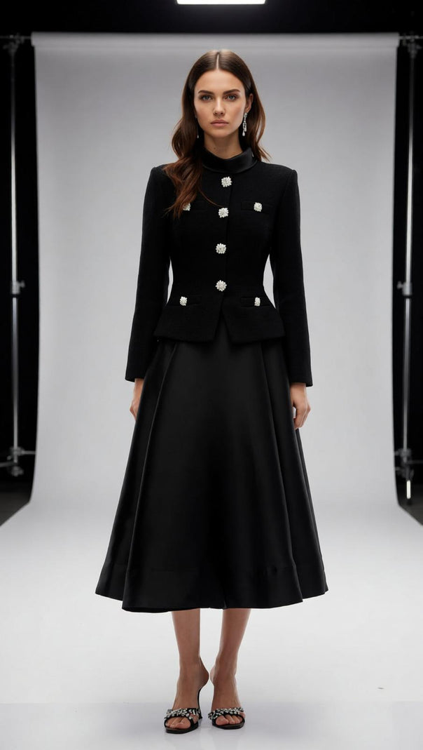 AIIZIE Jayna Embellished Black Peplum Midi Dress - Elegant Long Sleeve - product image