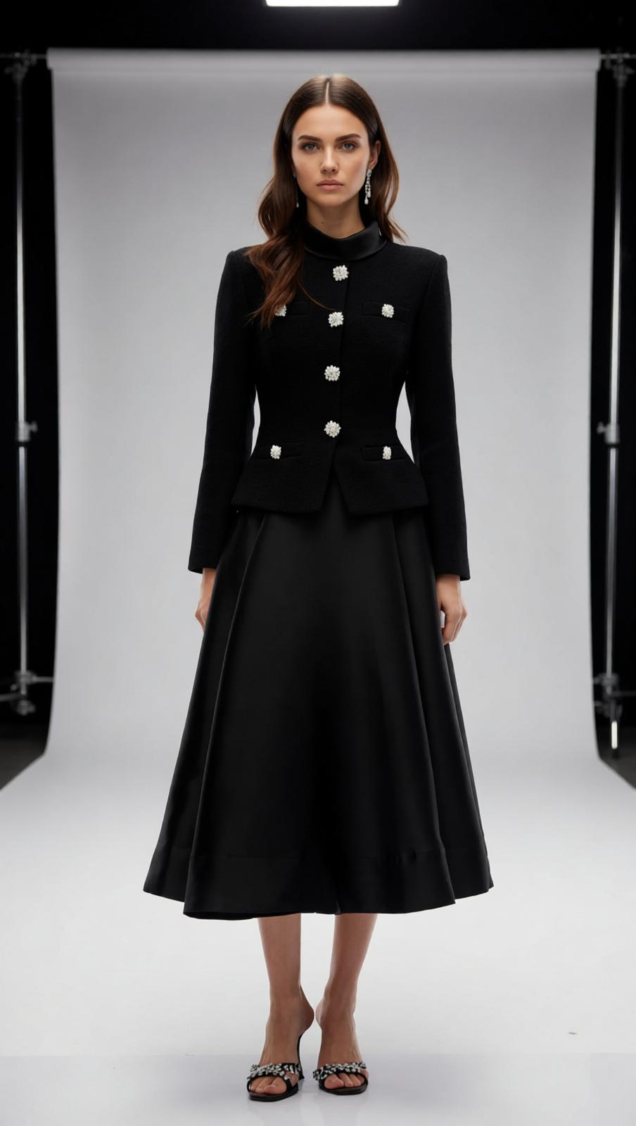 Jayna Embellished Black Peplum Midi Dress - Elegant Long Sleeve