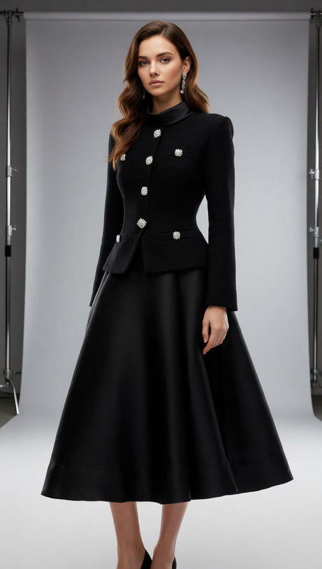 Jayna Embellished Black Peplum Midi Dress - Elegant Long Sleeve