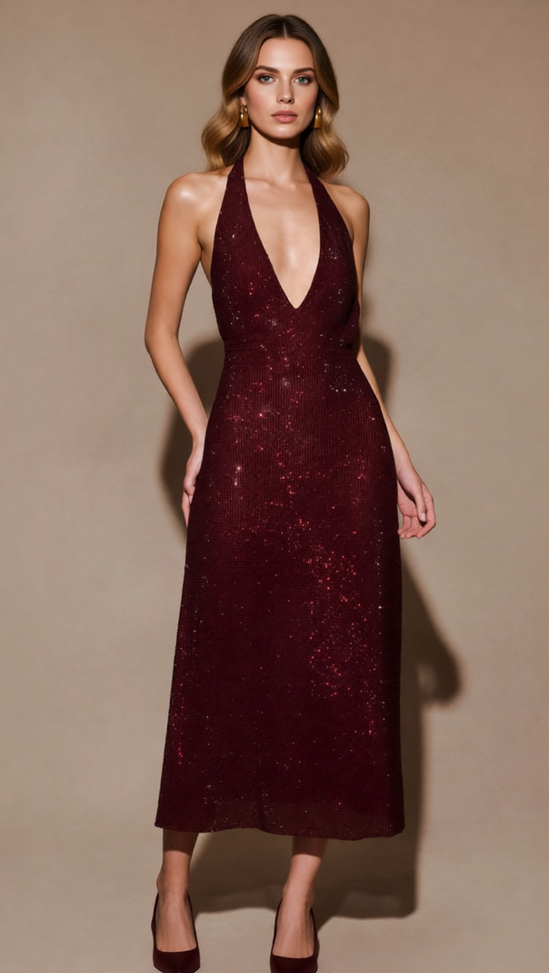 AIIZIE Jayne Dazzling Red Sequin Halter Backless Midi Dress - Command Attention - product image