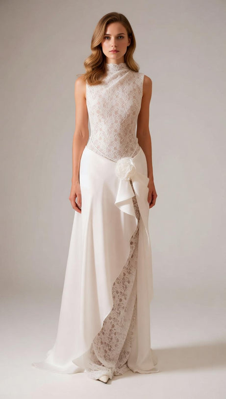 Jazmín Ethereal White Lace & Satin Maxi Dress - Modern Bridal, Gala & Special Occasion Gown