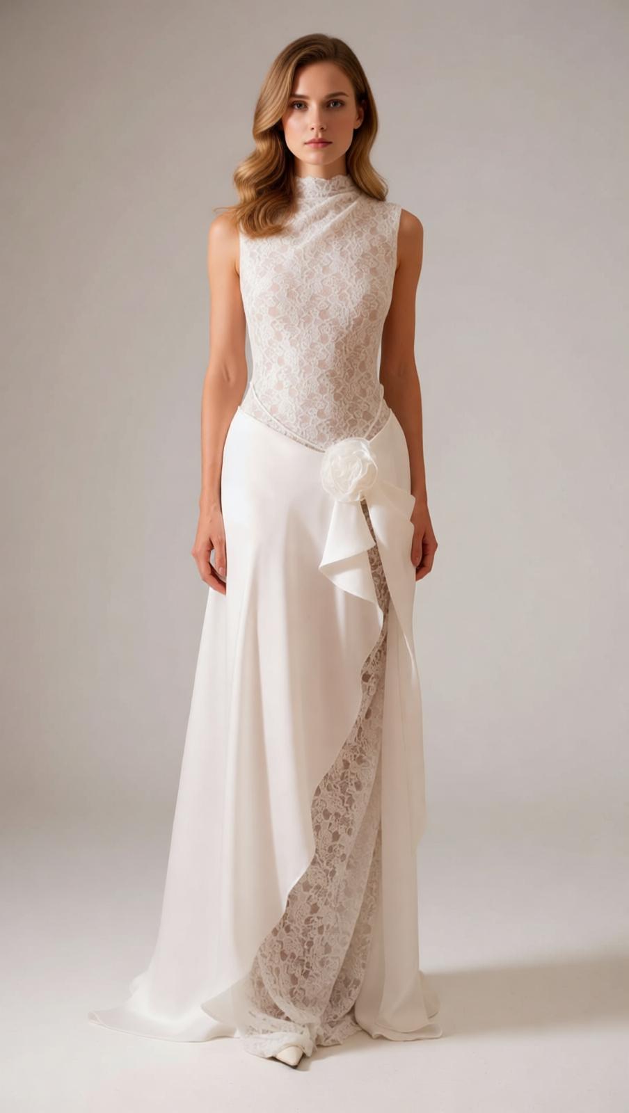 Jazmín Ethereal White Lace & Satin Maxi Dress - Modern Bridal, Gala & Special Occasion Gown