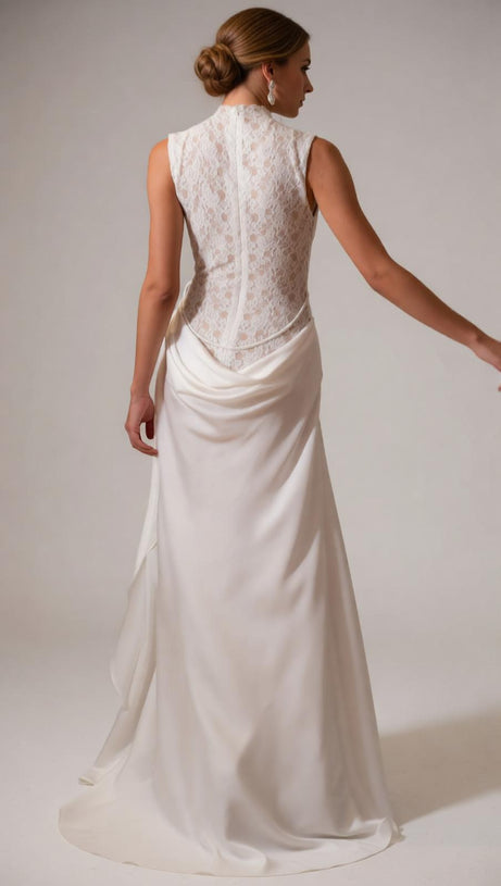 Jazmín Ethereal White Lace & Satin Maxi Dress - Modern Bridal, Gala & Special Occasion Gown
