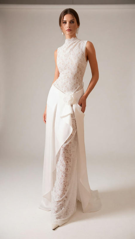 Jazmín Ethereal White Lace & Satin Maxi Dress - Modern Bridal, Gala & Special Occasion Gown