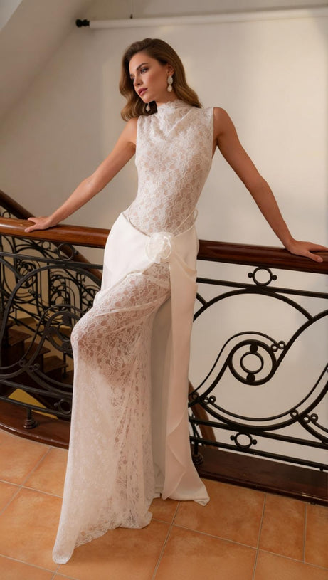 Jazmín Ethereal White Lace & Satin Maxi Dress - Modern Bridal, Gala & Special Occasion Gown