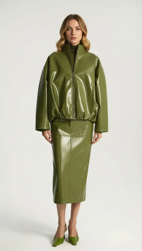 Jehan Glossy PU Leather Bomber Jacket & Midi Skirt Set - Chic Olive Green Co-ord