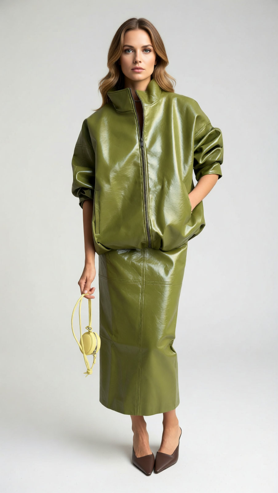 Jehan Glossy PU Leather Bomber Jacket & Midi Skirt Set - Chic Olive Green Co-ord