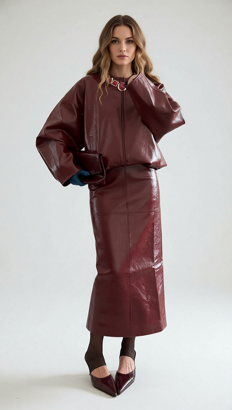 Jehan Glossy PU Leather Bomber Jacket & Midi Skirt Set - Chic Olive Green Co-ord