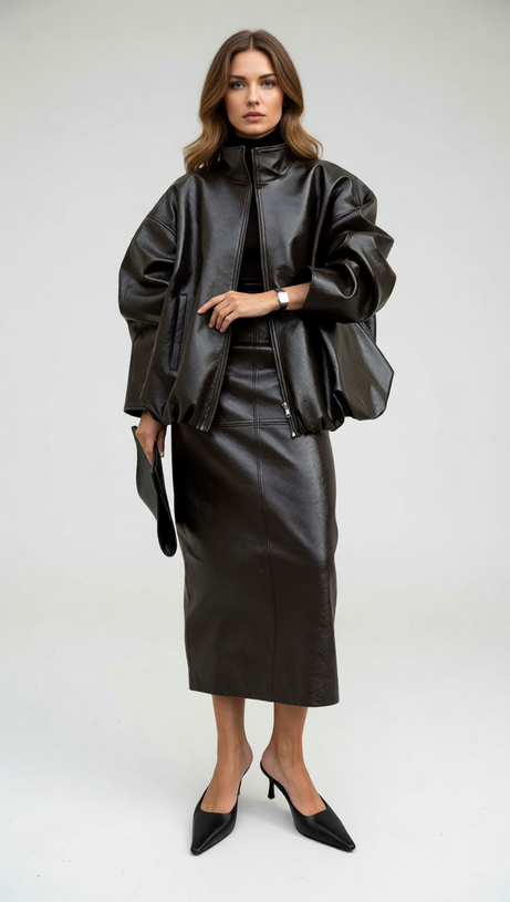 Jehan Glossy PU Leather Bomber Jacket & Midi Skirt Set - Chic Olive Green Co-ord