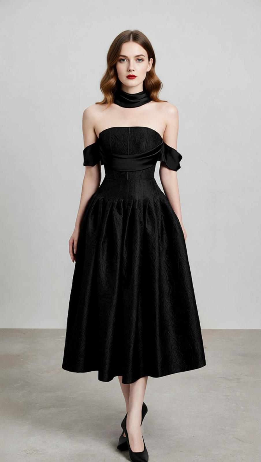 Jela Elegant Black Off-Shoulder Corset Midi Dress for Women