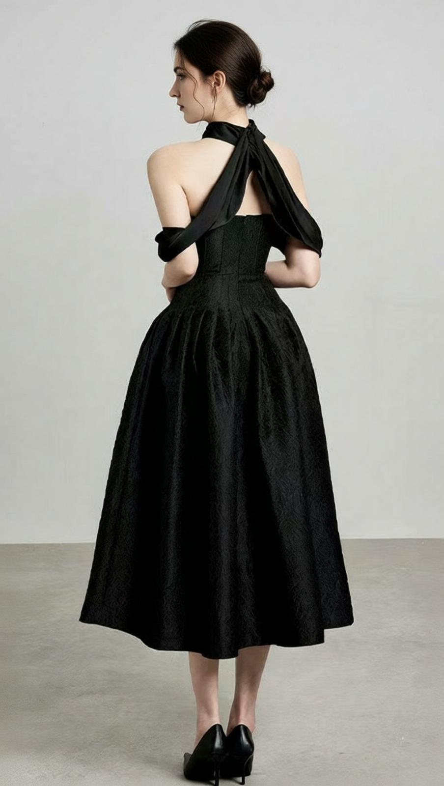 Jela Elegant Black Off-Shoulder Corset Midi Dress for Women