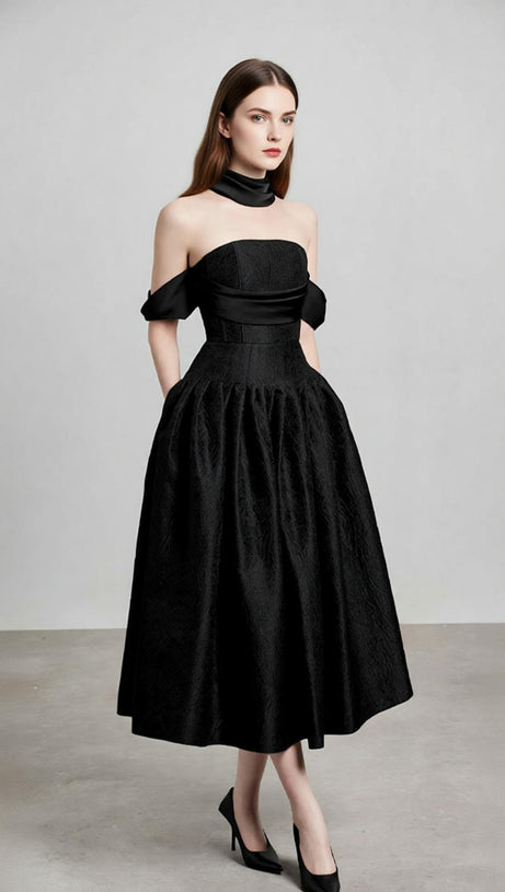 Jela Elegant Black Off-Shoulder Corset Midi Dress for Women